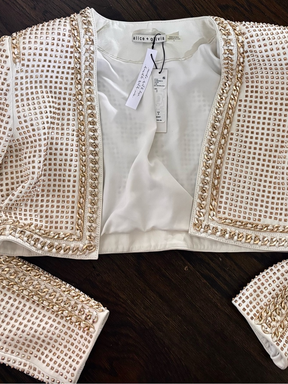 Alice + Olivia Cream Embellished Cropped Blazer with Gold Chain Trim